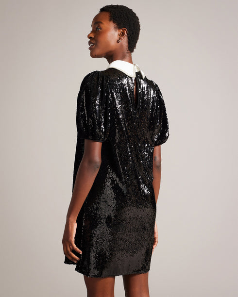 ZARELL-Dresses-ZARELL makes a statement. Adorned with glistening sequins, this shift dress takes glam to the next level. A contrasting collar embellished with diamantés completes the look. Mini shift dress All-over sequins Classic collar with diamanté trim Button fastening with keyhole cut-out Silvia is 5'11" / 1.8m and wears Grey in a Ted size 1- Ted Baker Romania